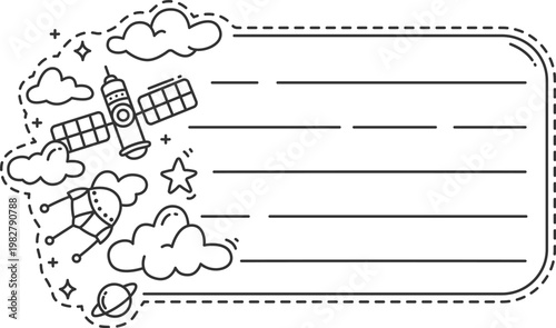 Space satellite kids memo note frame. Kids scrapbook vector sticker, children diary page label. Children schedule To Do list frame or kid memo note with space station, clouds and artificial satellite