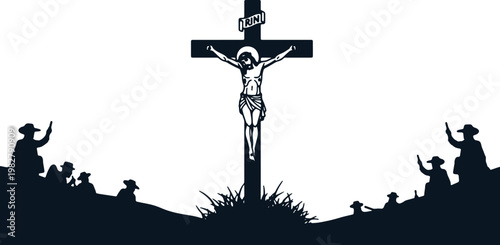 Religious scene of crucifixion with Jesus on cross and crowd gathered below silhouette.