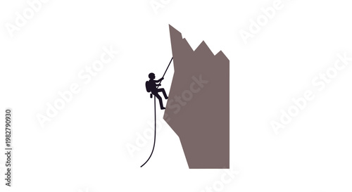 Silhouette of a climber rappelling down a steep mountain face on a white background.