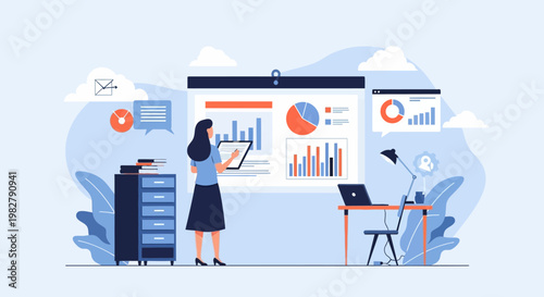 Businesswoman presenting financial data charts on a whiteboard in a modern office