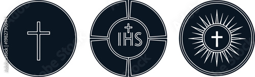 Christian religious symbols featuring holy cross and ihs monogram inside circular frames.