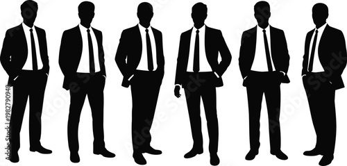 Six Businessmen Silhouettes Standing Confidently Isolated on White