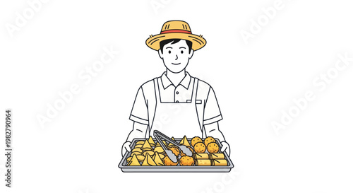 Smiling Farmer Holding Tray of Freshly Fried Snacks, Traditional Street Food