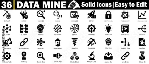 Data mine solid icons. Easy to edit for data analysis, machine learning, and artificial intelligence vector illustration concepts.