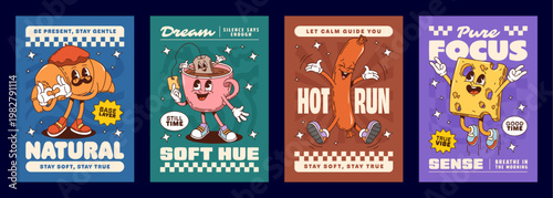 Funny breakfast groovy hippie characters posters with vector slogans stay soft, stay true, dream and silence says enough. Let calm guide you, hot run, good time, true vibe and breathe in the morning