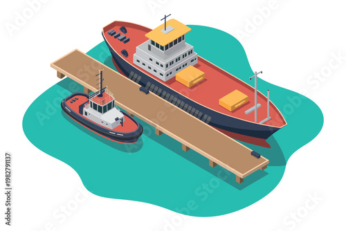 Ships dock at a wooden pier in this isometric harbor illustration.