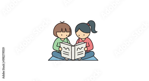 Two Children Reading Together Book Sitting Cross-legged