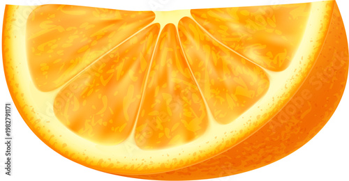 Realistic ripe raw orange fruit wedge slice revealing its fresh, succulent interior. Isolated 3d vector juicy citrus fruit part with tangy flavor and citrusy aroma. Sweet tropical plant dessert cut