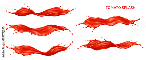 Tomato juice drink and ketchup sauce wave splashes, vector 3d food condiment. Realistic wave splashes of red liquid with thick texture and falling drops. Tomato juice, ketchup and bbq sauce spills set