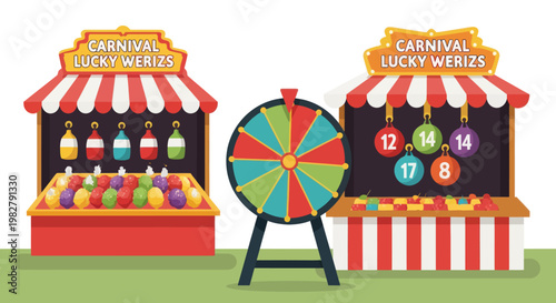 Carnival Games: Lucky Prizes Booths and Spinning Wheel on Green Grass