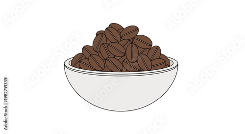 Pile of Roasted Coffee Beans in a White Bowl, Isolated on White Background