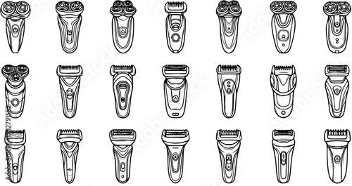 Personal Care Electric Shavers and Hair Clippers Line Art Collection. Black and White Hand-Drawn Outline Icons for Grooming, Beauty, and Hygiene.