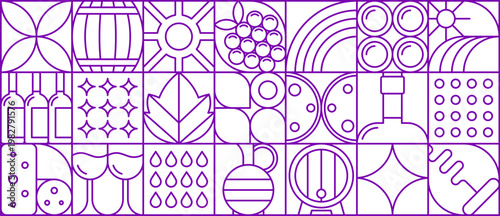 Wine and grape pattern of abstract geometric line shapes, vector drink and food background. Purple bottles, glasses, barrels and pitcher of wine beverage, grape fruit and vine leaf silhouettes pattern