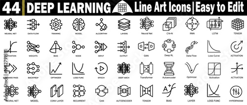 Deep learning line art icons. Easy to edit for neural networks and artificial intelligence concepts isolated on a background vector illustration.