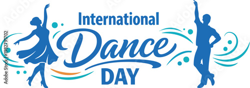 International dance day celebration banner with silhouettes of a dancing couple, elegant blue typography, and decorative swirl elements for festive events