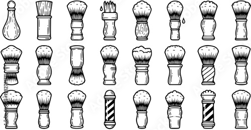 Black and White Line Art Illustration of Various Vintage Shaving Brushes, Barbershop Equipment