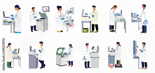 Flat vector illustration set of laboratory scientists and technicians operating clinical centrifuges and medical equipment in a research lab environment.