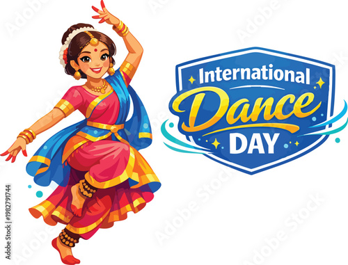 International dance day celebration with a beautiful indian classical dancer in traditional attire performing a graceful pose