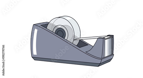 Gray tape dispenser with clear adhesive tape roll on white background