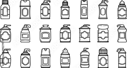 Black and White Line Art Icons of Various Cosmetic and Personal Care Product Bottles, Packaging