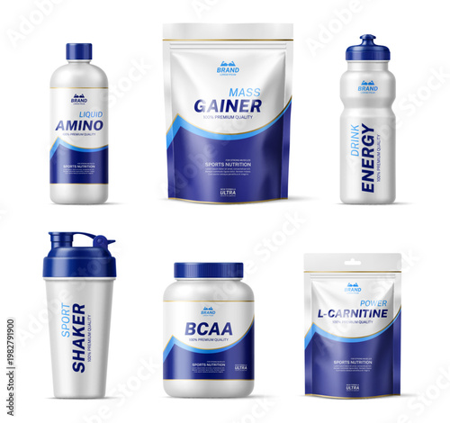 Realistic sport protein nutrition package mockup, vector gym food supplement and fitness energy drink containers. 3d plastic jars, bottle and zip bag, shaker cup and sachet package for sport nutrition