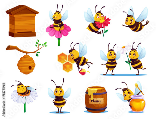 Cartoon funny cute bee characters in various life activities with flowers, hives, honeycombs and jars of honey. Vector set of cheerful insects symbolizing nature, teamwork, sweetness and pollination