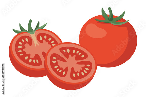 Fresh red tomatoes with green leaves and seeds on white background