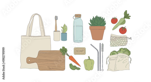 Eco-friendly lifestyle items: reusable bag, bamboo toothbrush, produce, soap, metal straws, cutting board
