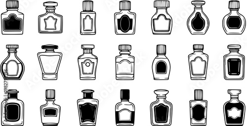 Black and White Line Art Collection of Various Perfume and Cologne Bottles
