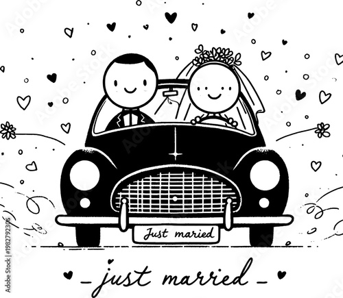Just Married Cartoon: A charming cartoon depicts a newlywed couple embarking on their journey together in a classic car, surrounded by hearts, symbolizing love and the start of their new chapter. 