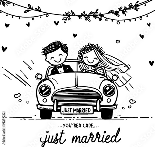 Just Married: Joyful illustration of a newly wedded couple in a classic car, ready to embark on their journey together. Perfect for wedding-themed designs.