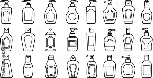 Black and White Line Art Collection of Various Shampoo, Lotion, and Soap Bottles for Personal Care Industry