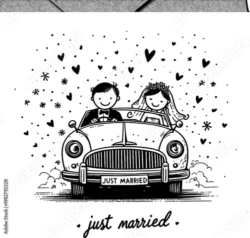 Just Married Illustration: An endearing sketch captures a newlywed couple's joyous journey in a classic car, surrounded by celebratory hearts and flourishes, epitomizing the magic of Just Married.