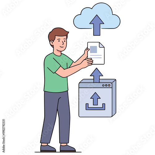 Man uploading document from computer to cloud storage service