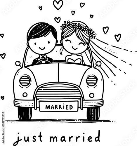 Joyful Wedding Day: An enchanting illustration capturing a newly married couple, embarking on their journey together in a charming vintage car, surrounded by hearts and the promise of a lifetime.
