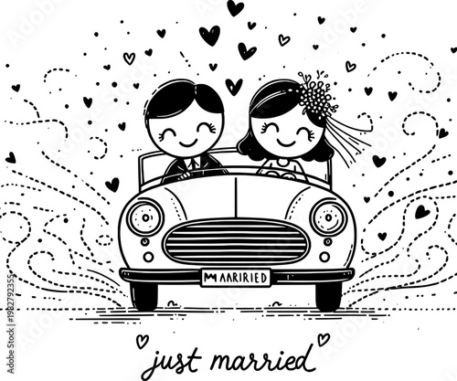 Newlyweds' Joy Ride: Charming illustration of a just-married couple, joyfully driving off in a vintage car, surrounded by hearts and festive details.