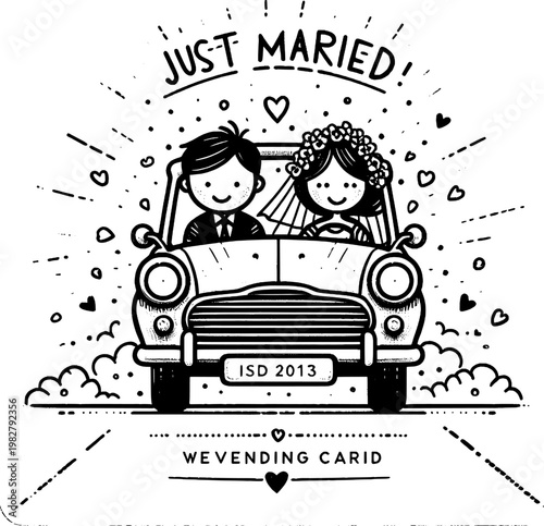 Newlyweds' Journey: A joyful couple embarks on their married life adventure, driving a classic car together, surrounded by symbols of love and new beginnings. 