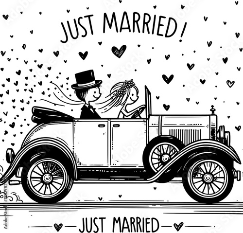 Newlyweds' Joyride: An illustration captures the blissful journey of a newlywed couple, joyfully riding in a classic car, as they embark on their exciting new chapter together.