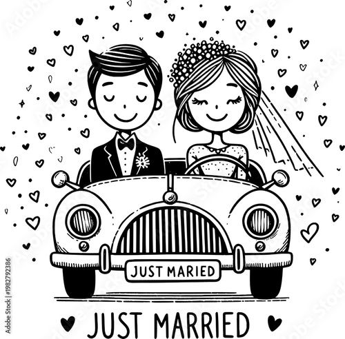 Just Married: A charming illustration captures the joyous moment of a newlywed couple embarking on their journey in a classic car, surrounded by hearts and the promise of a beautiful beginning.