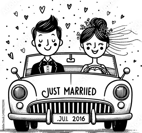 Love's Commencement: A charming illustration depicts a newlywed couple joyfully embarking on their journey in a classic car, embraced by an atmosphere of love and happiness.
