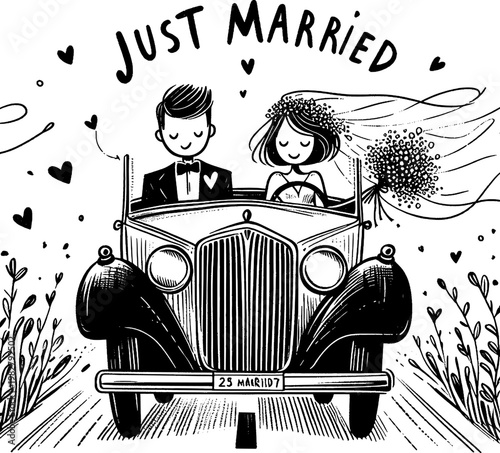 Just Married: A charming cartoon couple embarks on a new chapter in their lives. Riding in a vintage car, they are filled with love and anticipation for the journey ahead.