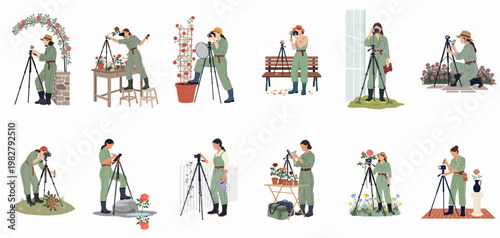 Illustrations of a female photographer in a green jumpsuit capturing various flowers and roses with professional camera equipment and tripods in diverse settings.