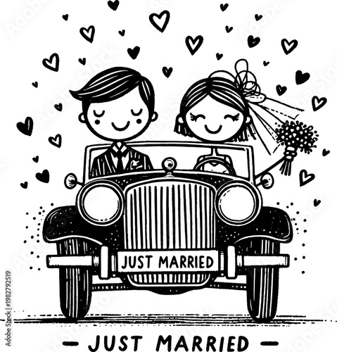 Just Married Journey: A charming sketch illustrates a newlywed couple embarking on their journey together in a classic car, surrounded by hearts.