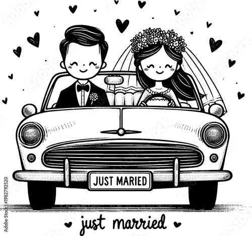 Romantic Journey: A newlywed couple embarks on a shared adventure, their vintage car leading them into a future filled with love and heart. 