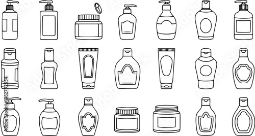 Black and White Line Art Icons of Various Cosmetic and Personal Care Product Bottles, Jars, and Tubes
