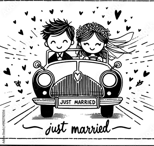 Love on Wheels: A joyful couple embarks on a new chapter, riding in a classic car decorated with Just Married signage and surrounded by symbols of love and happiness.