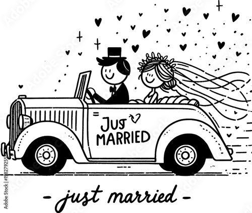 Just Married Car: Newlyweds begin their journey of a lifetime in a vintage car adorned with Just Married message and a shower of love hearts, symbolizing the beginning of a lifetime adventure.