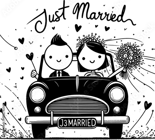 Just Married Bliss: An animated illustration captures the joyful moment of a newlywed couple embarking on their journey together, with hearts, bouquet, and car.