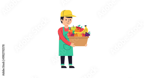 Smiling Grocer Man Holding Basket Full of Fresh Fruits, Healthy Food Delivery