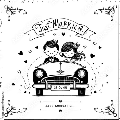 Sweethearts' Joyride: Charming illustration of a newly married couple embarking on their journey together, framed by delicate flourishes and celebratory hearts.